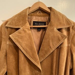 Elegant suede leather coat,Wilson leather , knee-ish length , large, belted